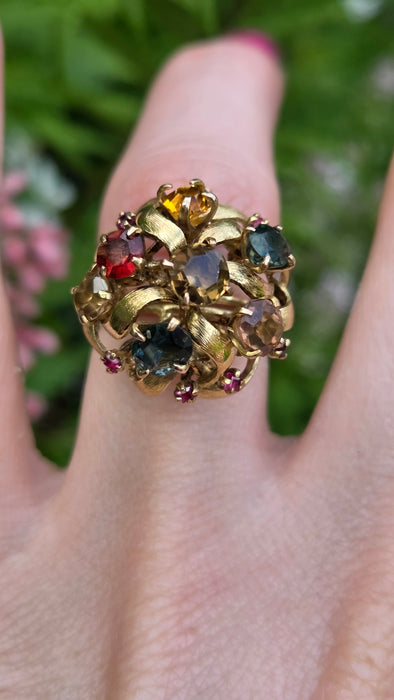 Vintage: 9ct Gold Multi-Gem Sapphire, Garnet & Ruby Cocktail Ring