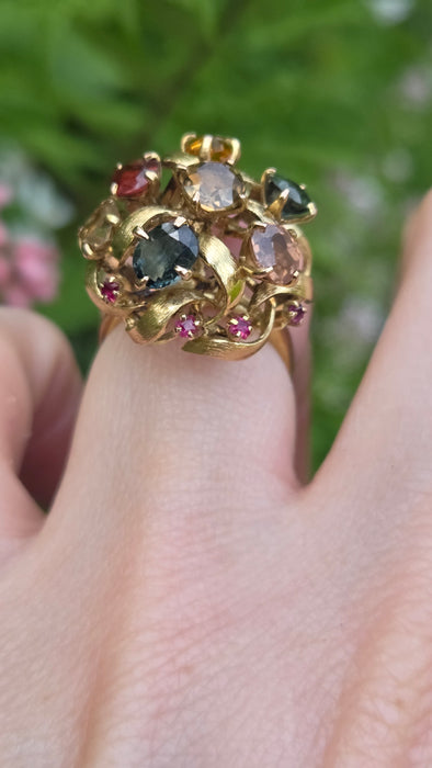 Vintage: 9ct Gold Multi-Gem Sapphire, Garnet & Ruby Cocktail Ring