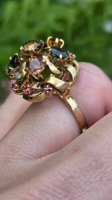 Vintage: 9ct Gold Multi-Gem Sapphire, Garnet & Ruby Cocktail Ring