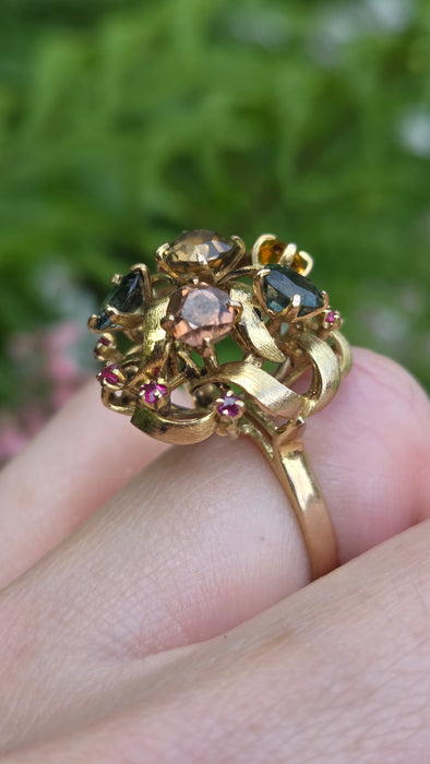 Vintage: 9ct Gold Multi-Gem Sapphire, Garnet & Ruby Cocktail Ring