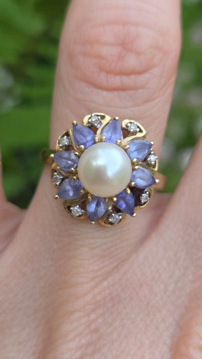 Vintage: 9ct Gold Pearl, Tanzanite & Natural Diamond Flowerhead Cocktail Ring