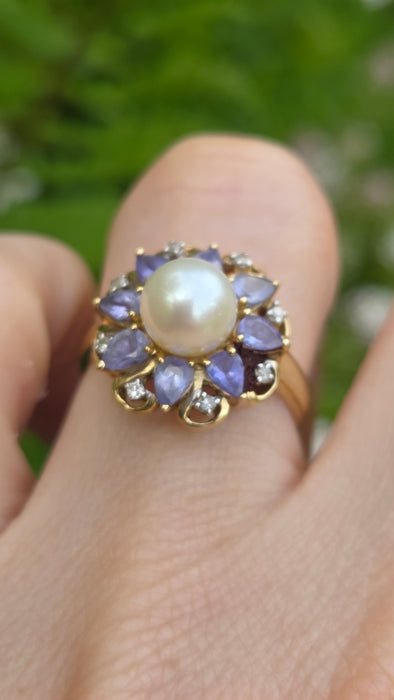 Vintage: 9ct Gold Pearl, Tanzanite & Natural Diamond Flowerhead Cocktail Ring
