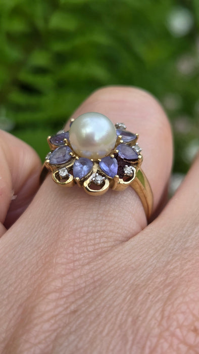 Vintage: 9ct Gold Pearl, Tanzanite & Natural Diamond Flowerhead Cocktail Ring