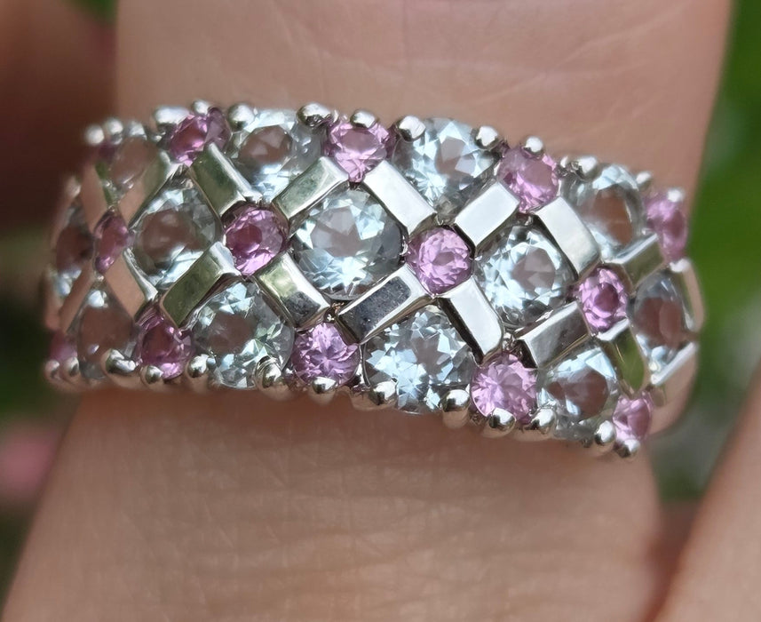 Vintage: 9ct White Gold Pink Sapphire & Tanzanite Openwork Ring