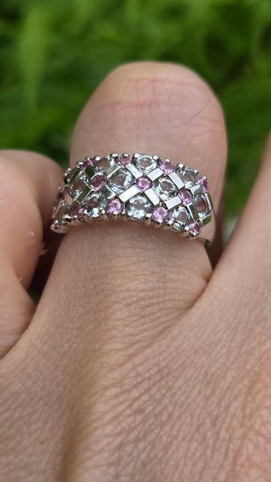 Vintage: 9ct White Gold Pink Sapphire & Tanzanite Openwork Ring