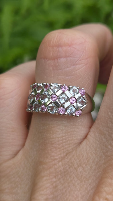 Vintage: 9ct White Gold Pink Sapphire & Tanzanite Openwork Ring
