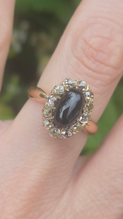 Victorian: 18ct Yellow Gold Cabochon Sapphire & Diamond Cluster Ring — 3.02ct