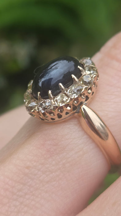 Victorian: 18ct Yellow Gold Cabochon Sapphire & Diamond Cluster Ring — 3.02ct