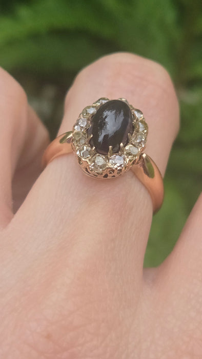 Victorian: 18ct Yellow Gold Cabochon Sapphire & Diamond Cluster Ring — 3.02ct
