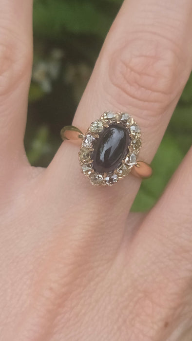 Victorian: 18ct Yellow Gold Cabochon Sapphire & Diamond Cluster Ring — 3.02ct