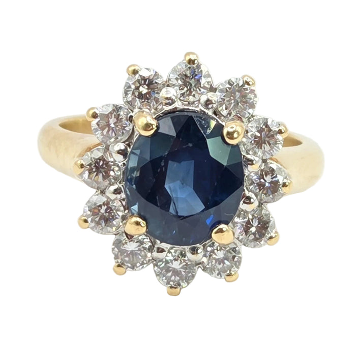 Vintage: 18ct Yellow Gold Sapphire & Diamond Cluster Ring — 3.30ct Sapphire / 1.20ct Diamonds
