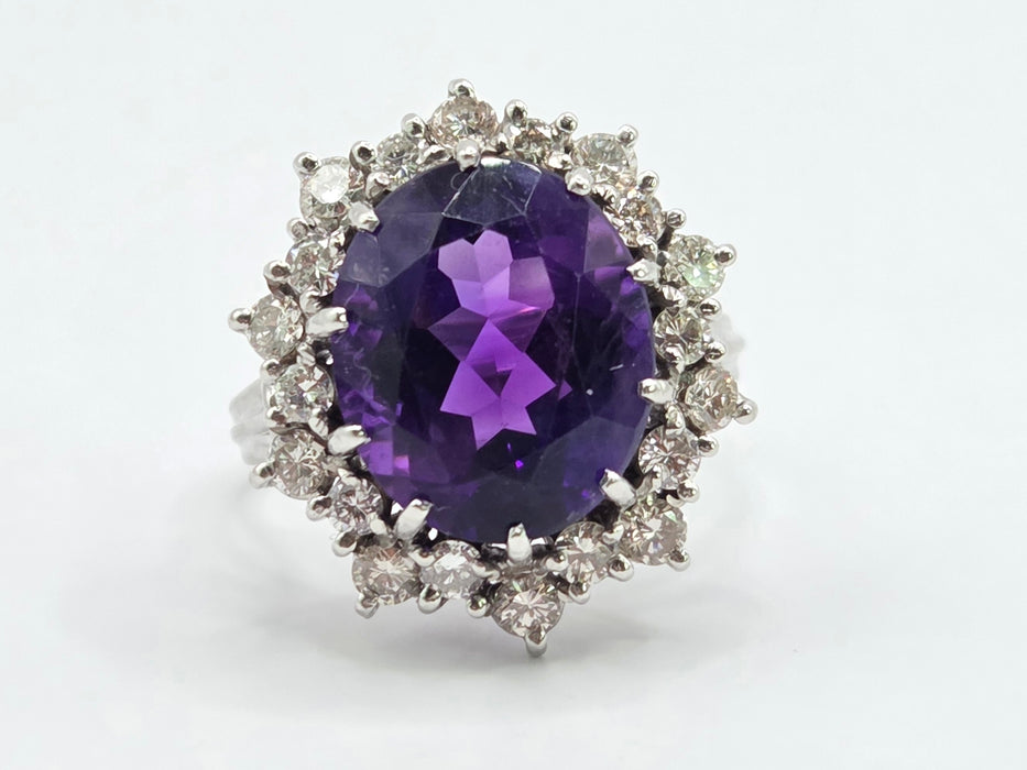 Vintage: 18ct White Gold Amethyst & Diamond Cluster Ring — 7.00ct Amethyst / 1.20ct Diamonds