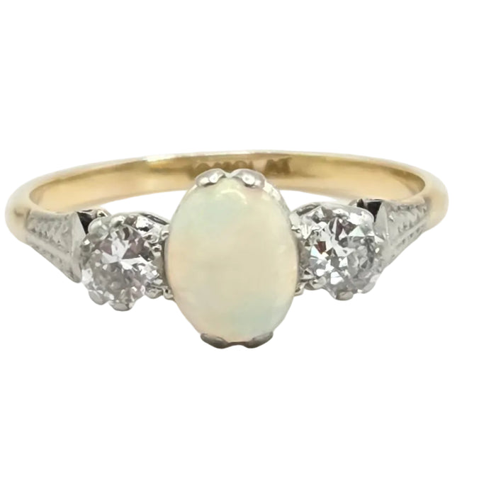 Vintage: 18ct Yellow Gold & Platinum Opal & Diamond Three-Stone Ring — 0.36ct