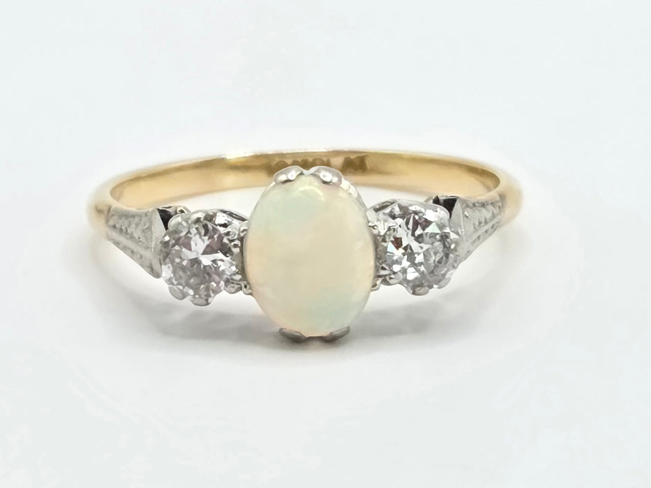 Vintage: 18ct Yellow Gold & Platinum Opal & Diamond Three-Stone Ring — 0.36ct