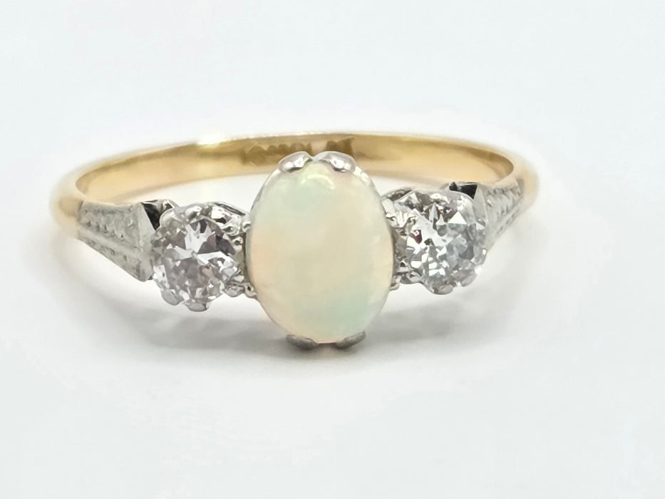 Vintage: 18ct Yellow Gold & Platinum Opal & Diamond Three-Stone Ring — 0.36ct