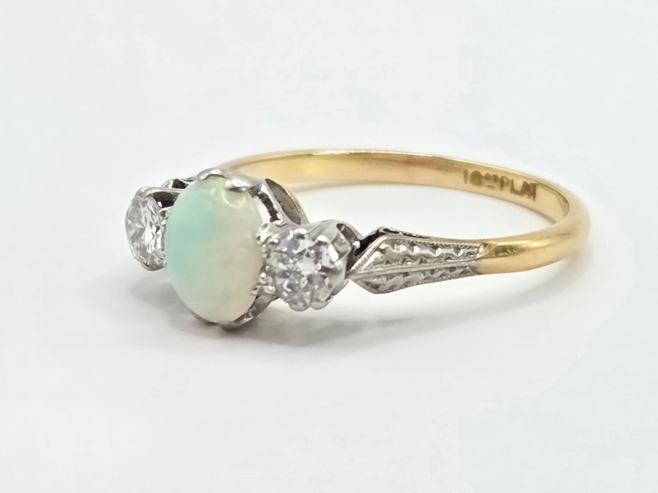 Vintage: 18ct Yellow Gold & Platinum Opal & Diamond Three-Stone Ring — 0.36ct