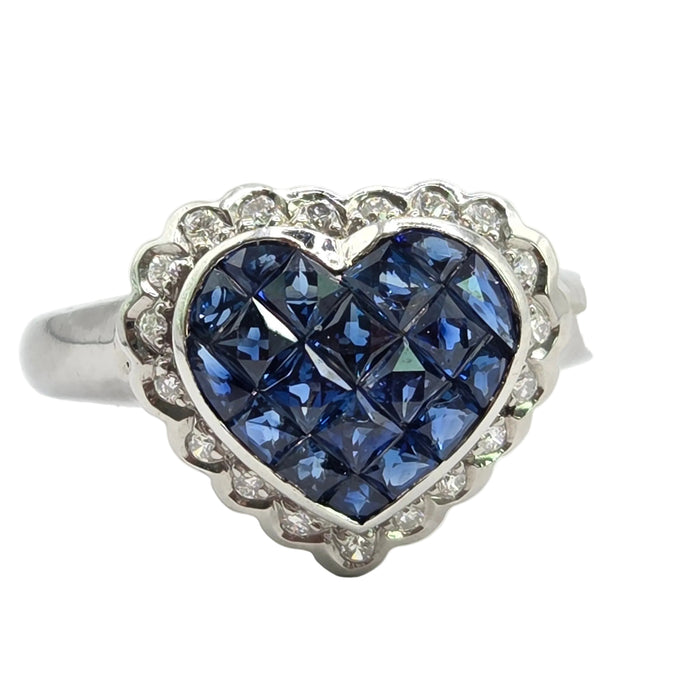 Vintage: 18ct White Gold Sapphire & Diamond Heart Cluster Ring — 1.00ct