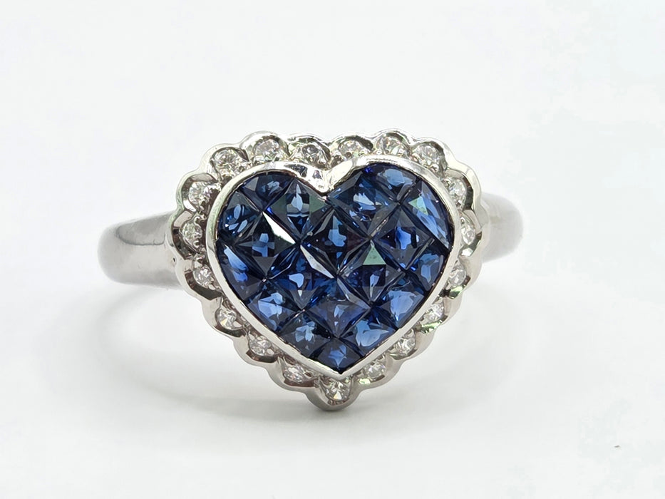 Vintage: 18ct White Gold Sapphire & Diamond Heart Cluster Ring — 1.00ct
