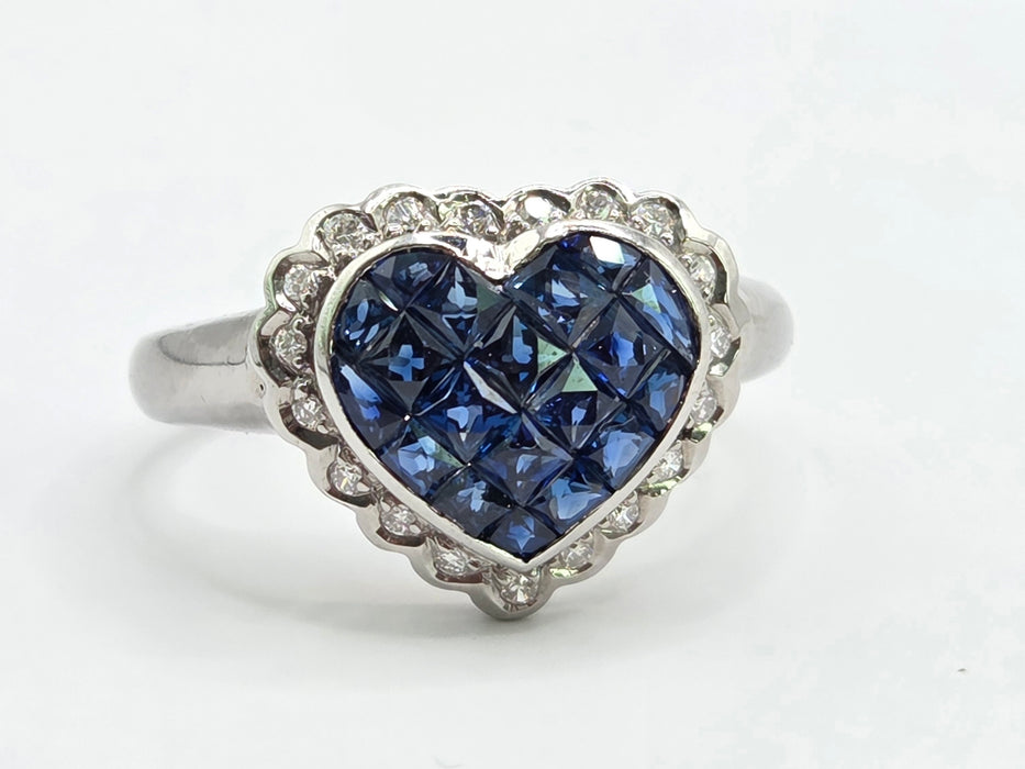 Vintage: 18ct White Gold Sapphire & Diamond Heart Cluster Ring — 1.00ct