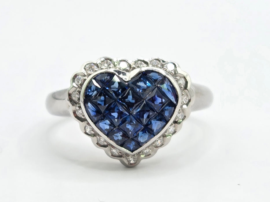 Vintage: 18ct White Gold Sapphire & Diamond Heart Cluster Ring — 1.00ct