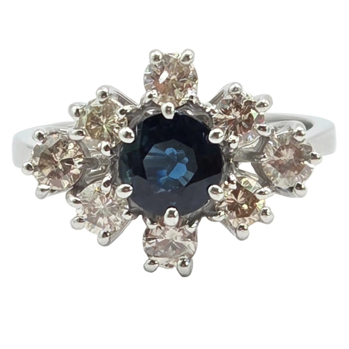 Vintage: 18ct White Gold Sapphire & Diamond Cluster Ring — 0.95ct Sapphire / 0.80ct Diamonds