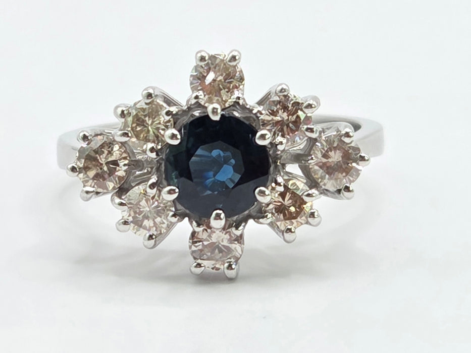 Vintage: 18ct White Gold Sapphire & Diamond Cluster Ring — 0.95ct Sapphire / 0.80ct Diamonds