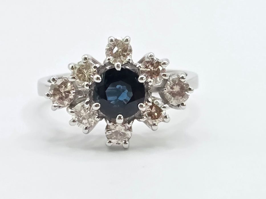 Vintage: 18ct White Gold Sapphire & Diamond Cluster Ring — 0.95ct Sapphire / 0.80ct Diamonds