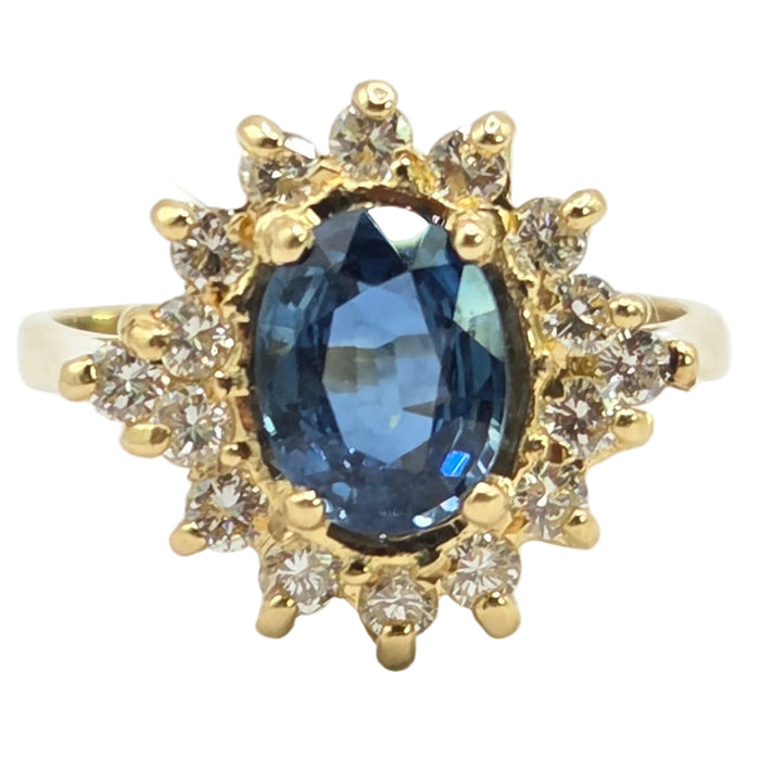 Vintage: 18ct Yellow Gold Sapphire & Diamond Cluster Ring — 1.29ct Sapphire / 0.50ct Diamonds