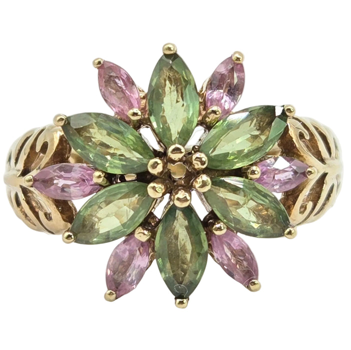 Vintage: 9ct Yellow Gold Green & Pink Sapphire Floral Ring