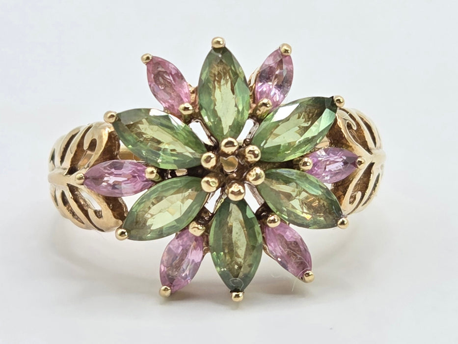 Vintage: 9ct Yellow Gold Green & Pink Sapphire Floral Ring