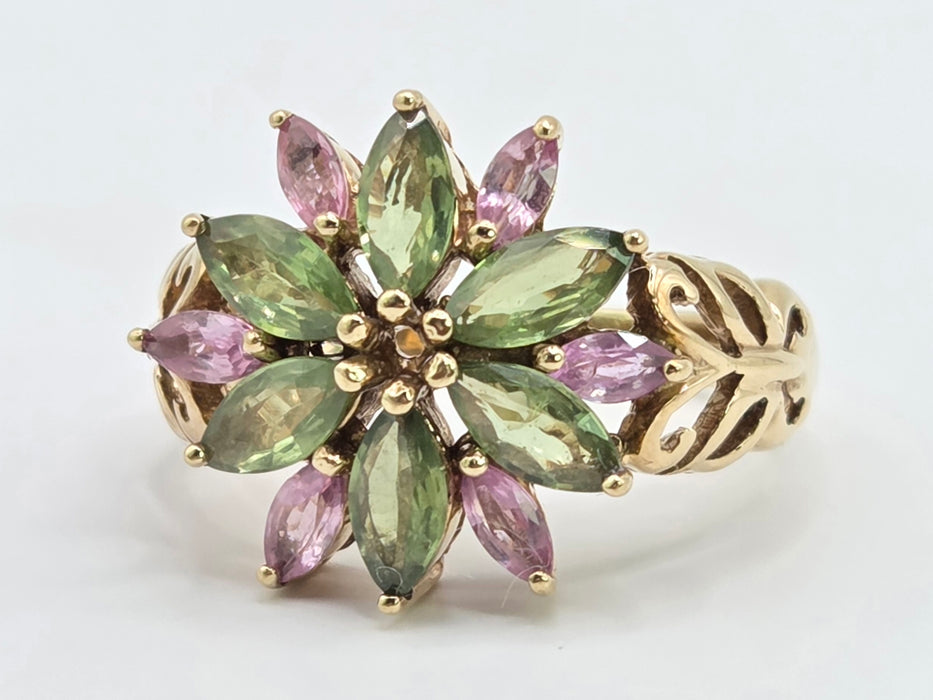 Vintage: 9ct Yellow Gold Green & Pink Sapphire Floral Ring