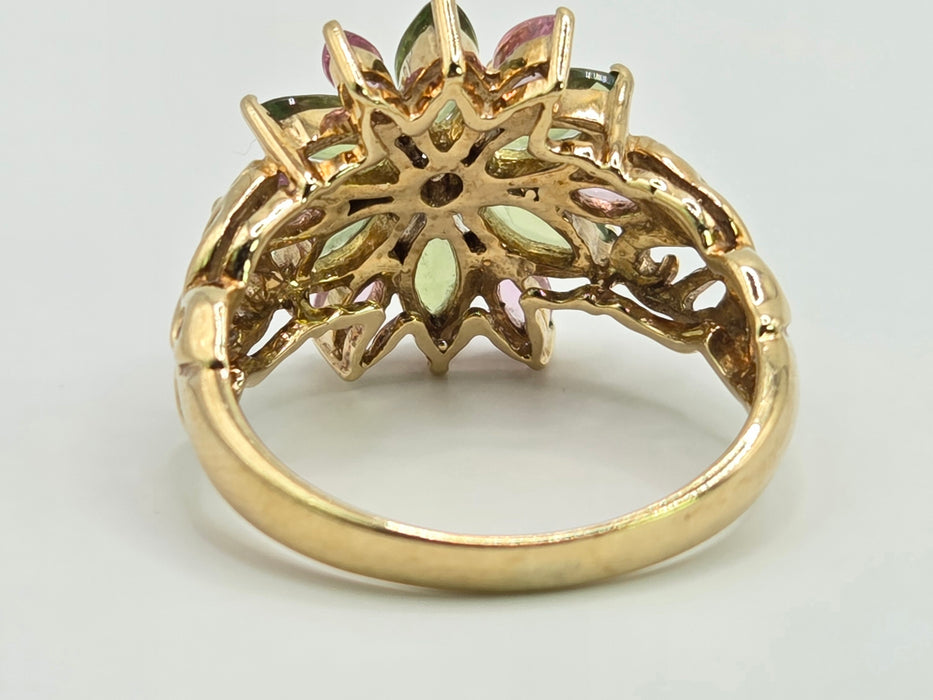Vintage: 9ct Yellow Gold Green & Pink Sapphire Floral Ring