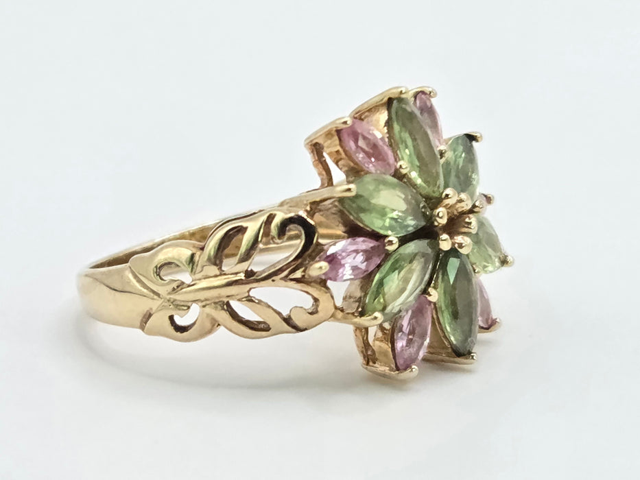 Vintage: 9ct Yellow Gold Green & Pink Sapphire Floral Ring