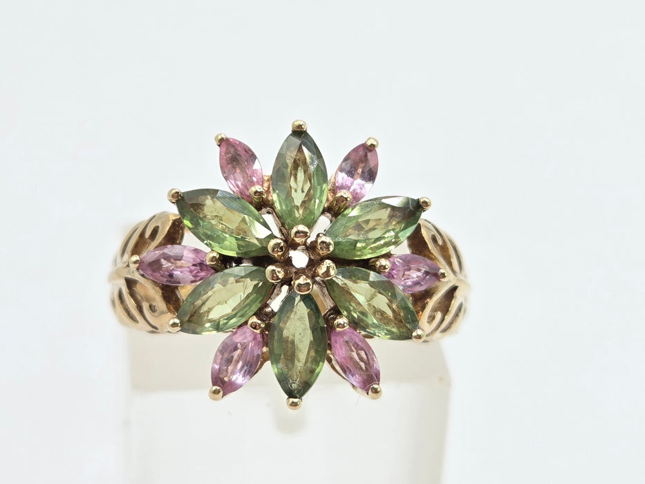 Vintage: 9ct Yellow Gold Green & Pink Sapphire Floral Ring