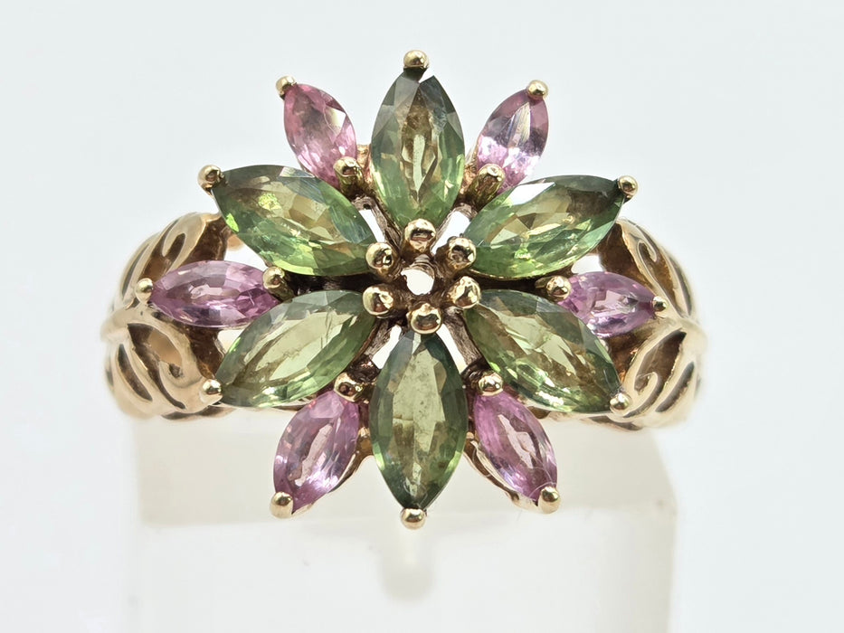 Vintage: 9ct Yellow Gold Green & Pink Sapphire Floral Ring