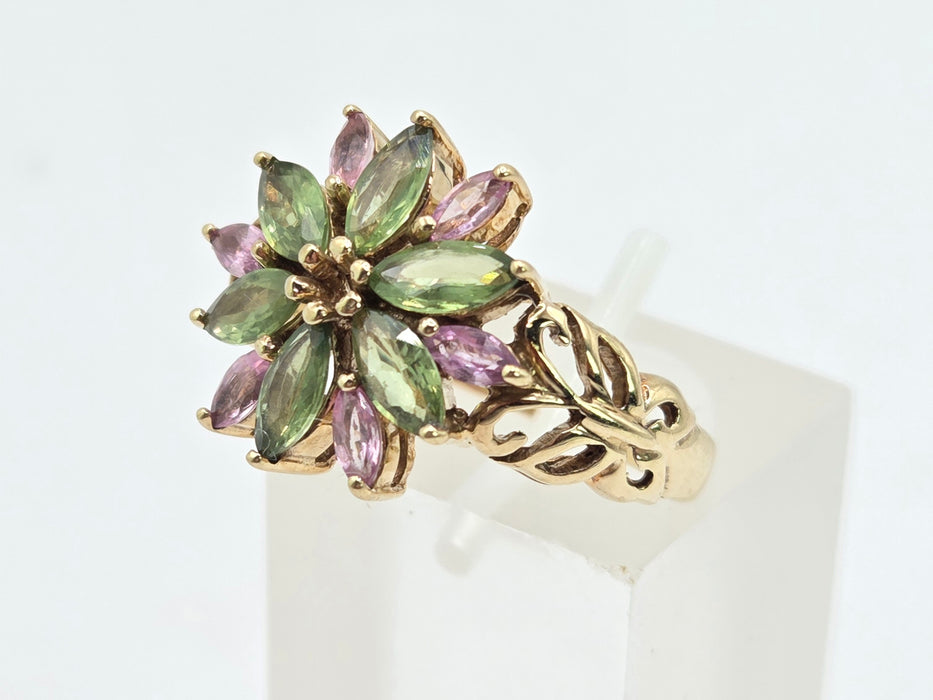 Vintage: 9ct Yellow Gold Green & Pink Sapphire Floral Ring