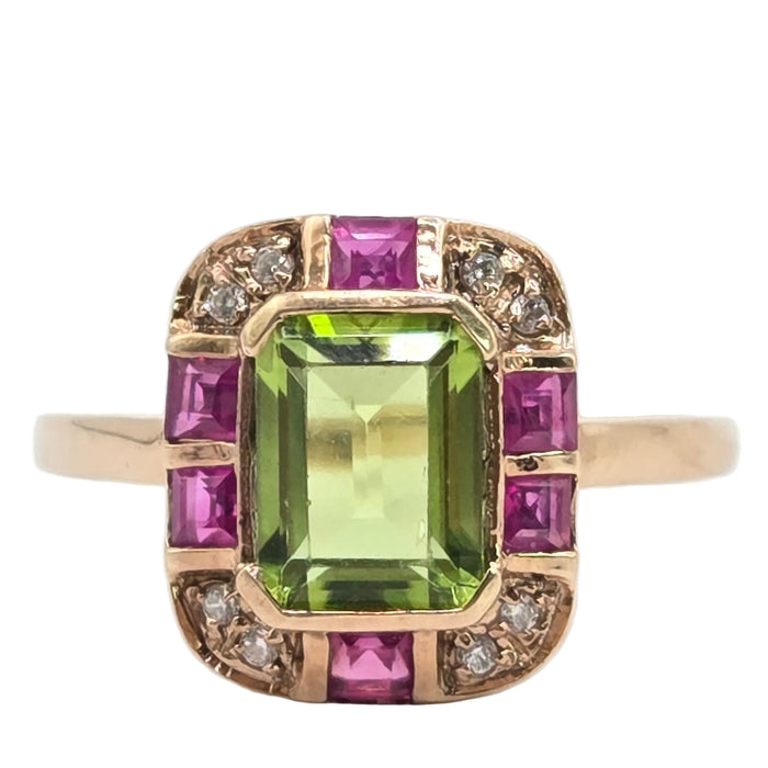 Vintage: 9ct Rose Gold Peridot, Ruby & Goshenite Art Deco Style Panel Ring
