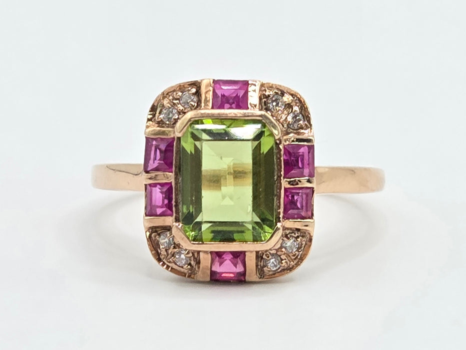 Vintage: 9ct Rose Gold Peridot, Ruby & Goshenite Art Deco Style Panel Ring