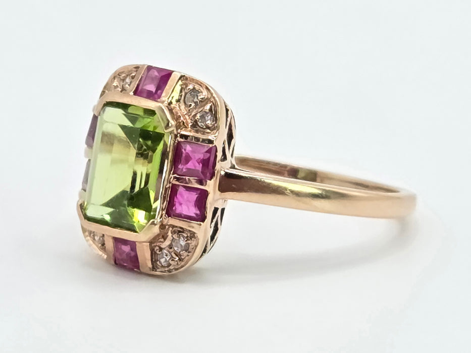Vintage: 9ct Rose Gold Peridot, Ruby & Goshenite Art Deco Style Panel Ring