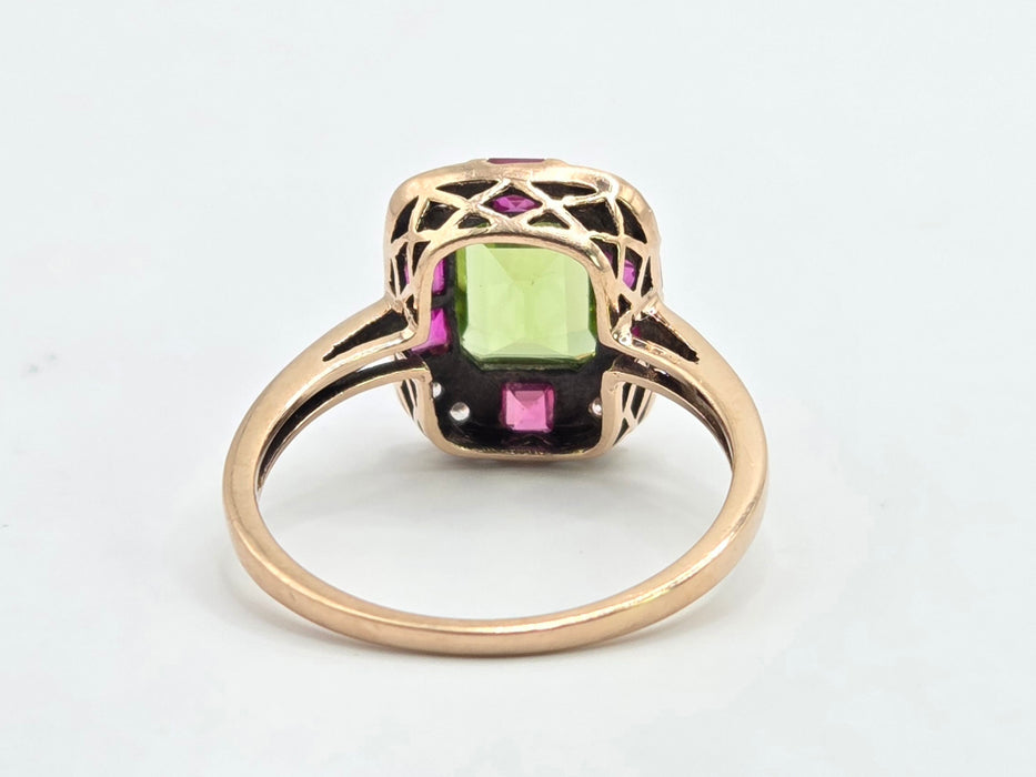 Vintage: 9ct Rose Gold Peridot, Ruby & Goshenite Art Deco Style Panel Ring