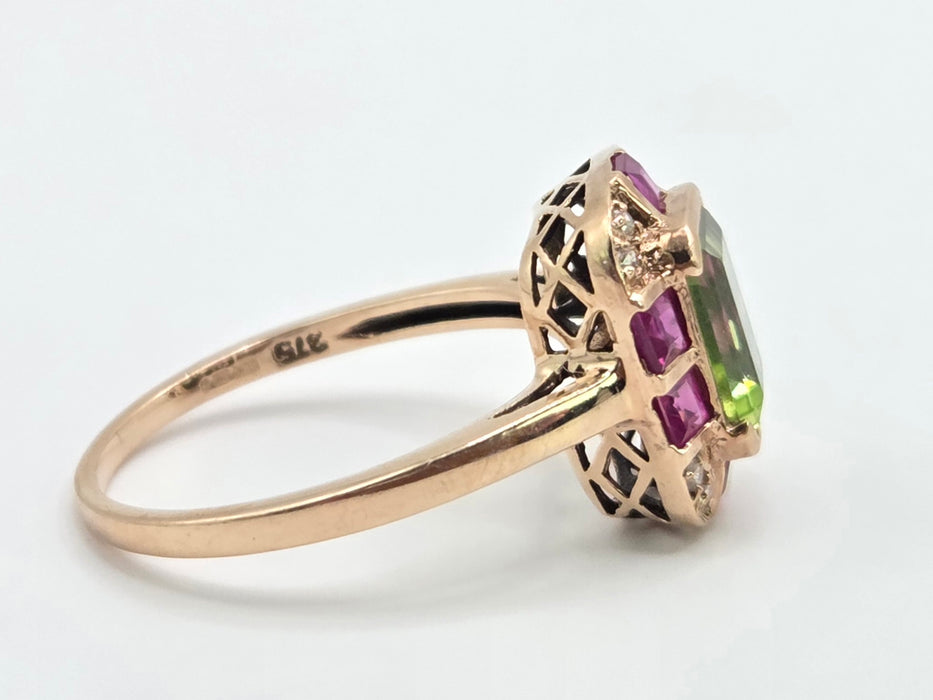 Vintage: 9ct Rose Gold Peridot, Ruby & Goshenite Art Deco Style Panel Ring