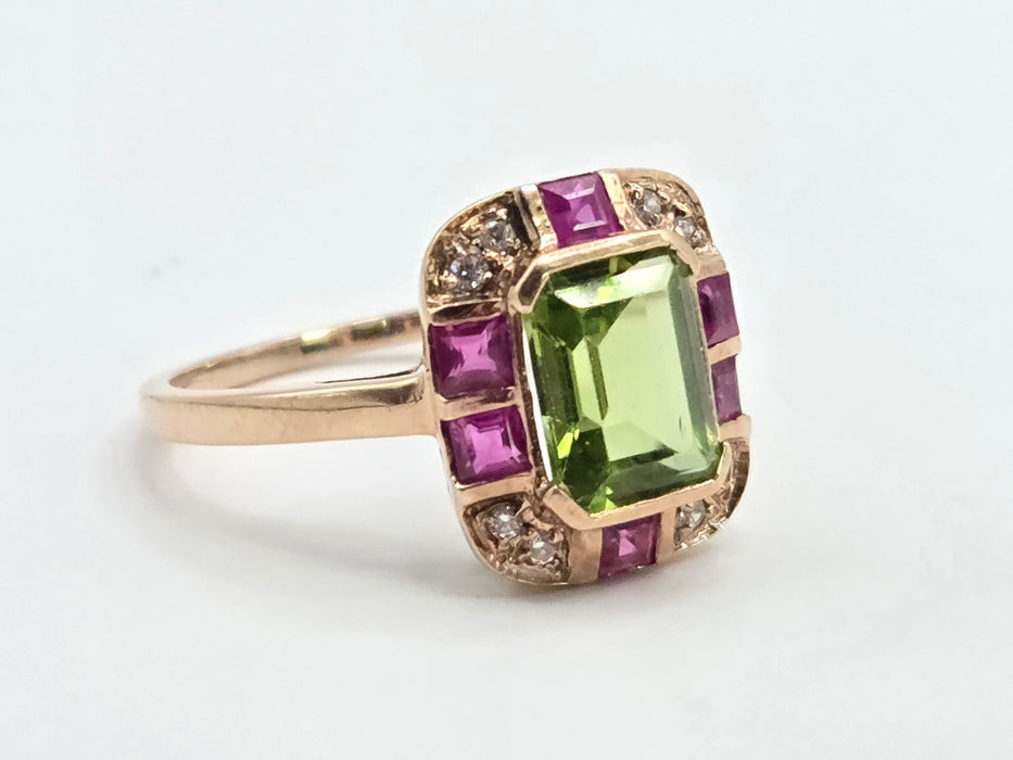 Vintage: 9ct Rose Gold Peridot, Ruby & Goshenite Art Deco Style Panel Ring