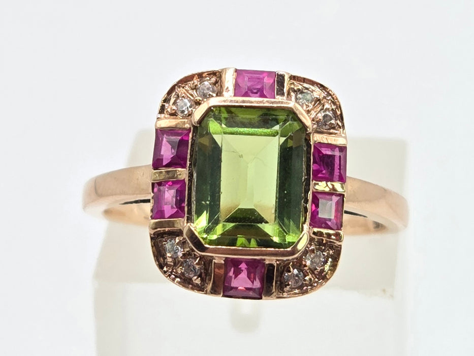Vintage: 9ct Rose Gold Peridot, Ruby & Goshenite Art Deco Style Panel Ring
