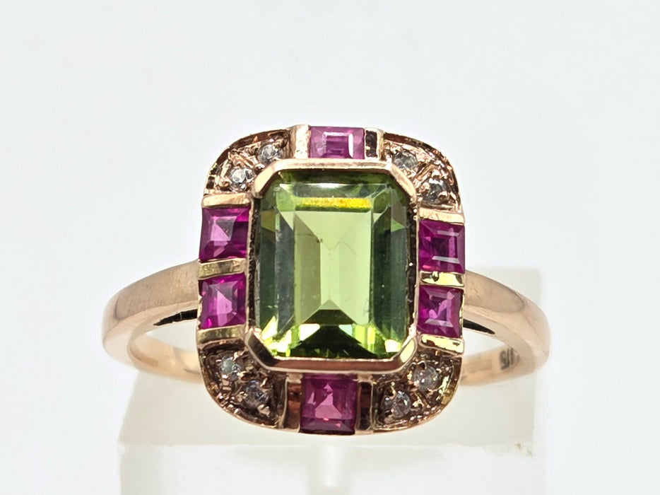 Vintage: 9ct Rose Gold Peridot, Ruby & Goshenite Art Deco Style Panel Ring