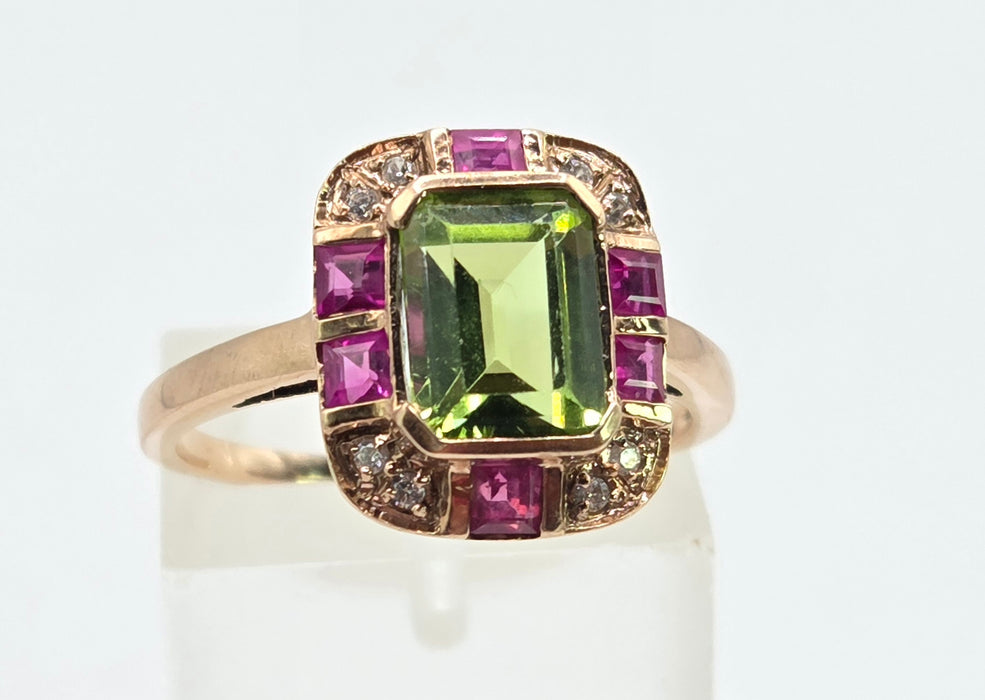 Vintage: 9ct Rose Gold Peridot, Ruby & Goshenite Art Deco Style Panel Ring
