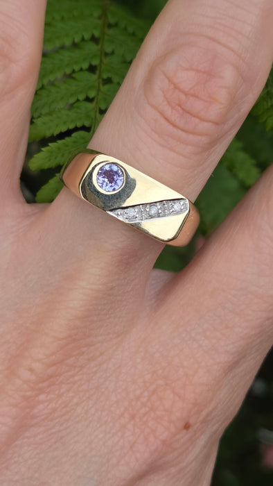 Vintage: 9ct Yellow Gold Tanzanite & Diamond Statement Signet Ring