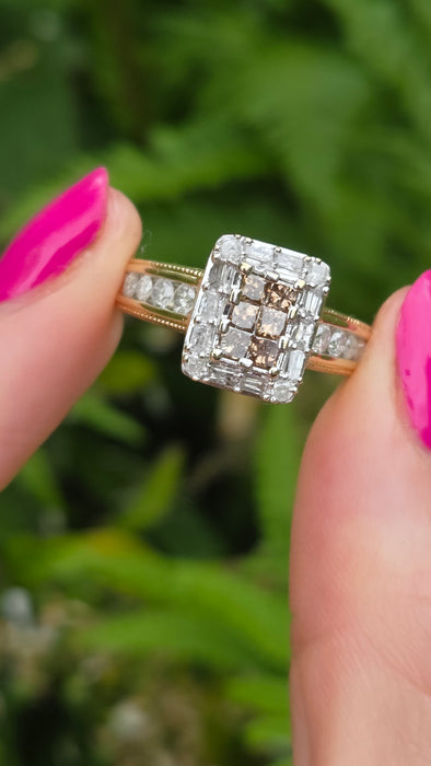 Vintage: 9ct Yellow Gold Cognac & White Diamond Cluster Ring — 1.24ct