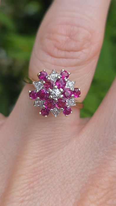 Vintage: 18ct Yellow Gold Ruby & Diamond Snowflake Cluster Ring — From 1976