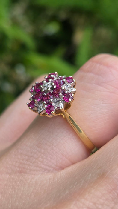 Vintage: 18ct Yellow Gold Ruby & Diamond Snowflake Cluster Ring — From 1976