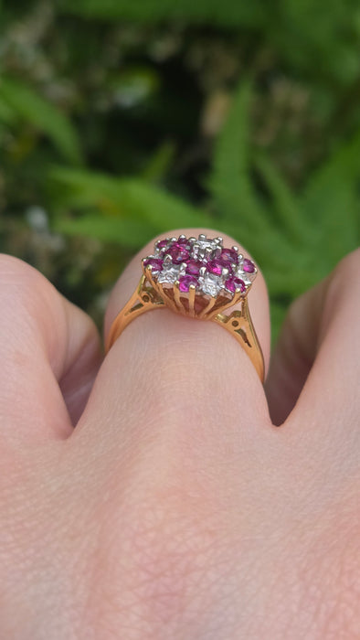 Vintage: 18ct Yellow Gold Ruby & Diamond Snowflake Cluster Ring — From 1976